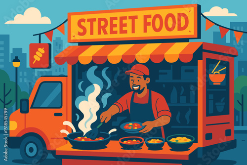 Street food vendor serving delicious meals in a bustling urban setting during the day