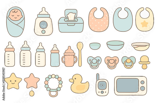 Baby care essentials displayed on a pastel background with various items for feeding, soothing, and bathing