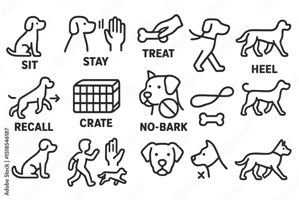 Dog training commands illustrated in a clear and engaging way for pet owners and trainers Dog training commands illustrated in a clear and engaging way for pet owners and trainers