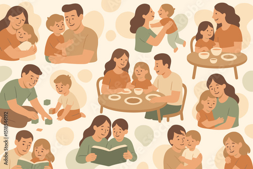 Family activities at home include playing, reading, eating, and bonding moments captured in a warm atmosphere with children and parents