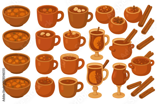 Warm beverages and hearty dishes showcased in various rustic bowls and mugs during a festive gathering in autumn