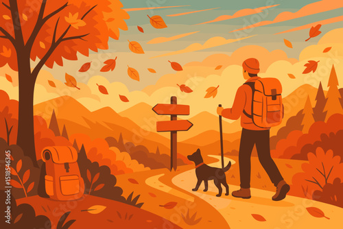 Hiking in autumn with a dog along a rustic trail surrounded by colorful leaves