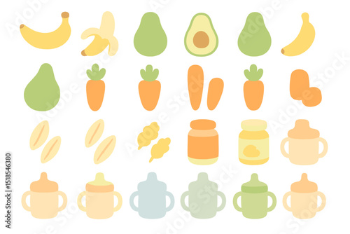 Colorful assortment of fruits, vegetables, and baby food containers displayed in a playful design