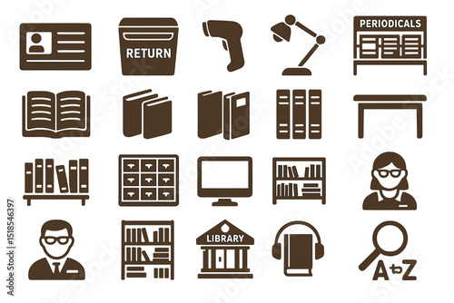 Visual elements representing library functions and resources for educational environments