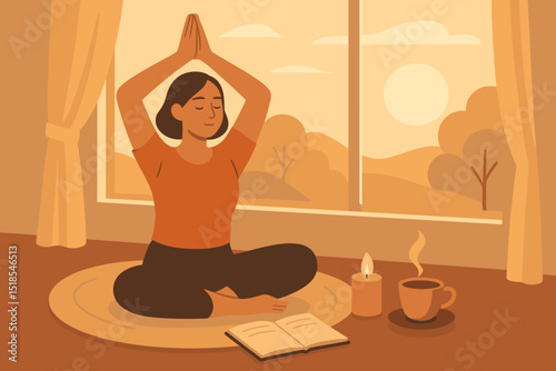 Woman meditates peacefully at home during a warm sunset, surrounded by a book and a cup of tea