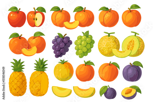 Colorful assortment of fresh fruits including apples, peaches, grapes, and pineapples displayed in a vibrant pattern