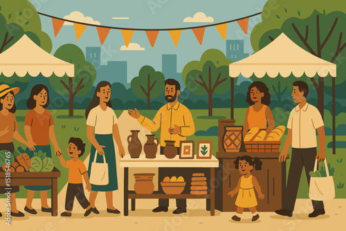 Community market bustling with vendors and shoppers enjoying fresh produce and handmade crafts in a city park