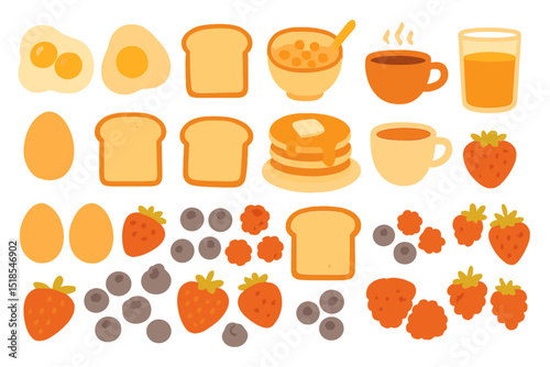 Breakfast assortment featuring eggs, pancakes, fruits, and drinks ideal for morning meals