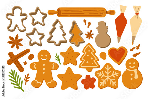 Gingerbread cookies and festive baking supplies for holiday treats in a cozy kitchen setting