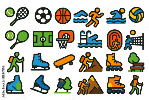 Various sports and fitness activities illustrated in a colorful design showcasing popular pastimes and outdoor fun