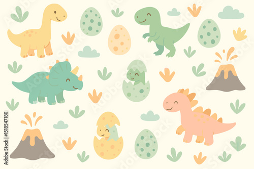 Colorful cartoon dinosaurs and eggs create a playful prehistoric scene in a cheerful setting