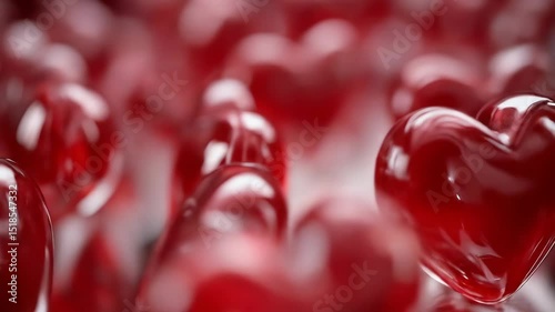 A collection of shiny red hearts arranged closely together. The hearts are glossy and reflect light, creating a romantic atmosphere.