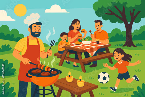 Family enjoying a sunny picnic with barbecue and games in a lush green park setting