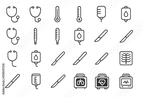 Collection of medical icons depicting essential healthcare tools and instruments used in patient care and diagnostics
