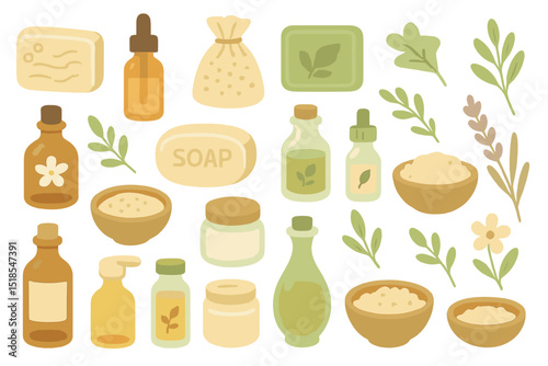 Collection of natural ingredients and products for skincare and wellness displayed on a clean background