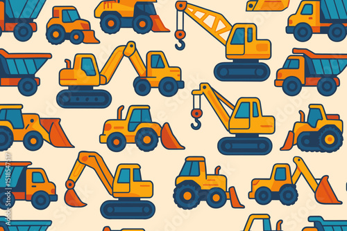 Yellow construction vehicles and machinery in a playful pattern on a light background