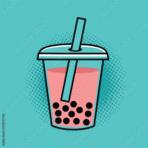 bubble tea pop art vector with turquoise halftone background