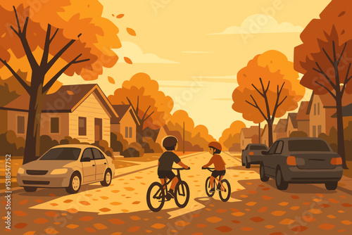Children riding bicycles down a tree-lined street in autumn with colorful leaves surrounding them