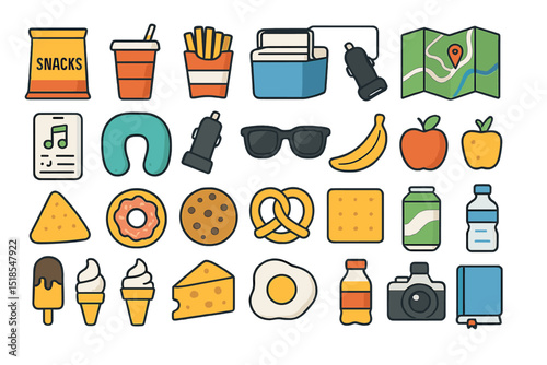 Collection of colorful icons representing snacks, travel, and leisure activities for creative projects