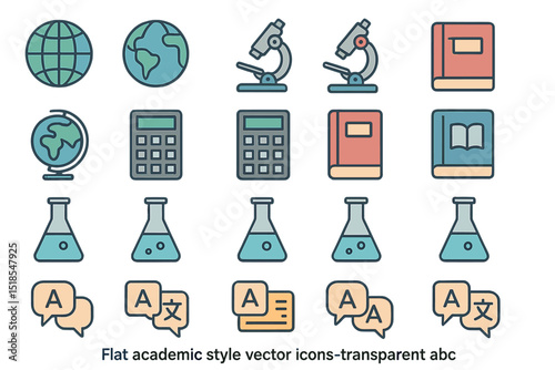 Educational icons representing various academic subjects and tools for learning