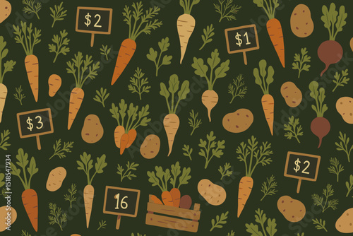 Colorful vegetable market with price tags and fresh produce on display in vibrant design