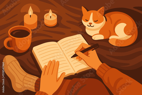 Cozy evening of writing by candlelight with a cat and a warm drink in a serene setting