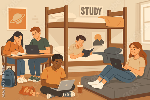 Students engaging in different study activities inside a cozy dorm room during the afternoon