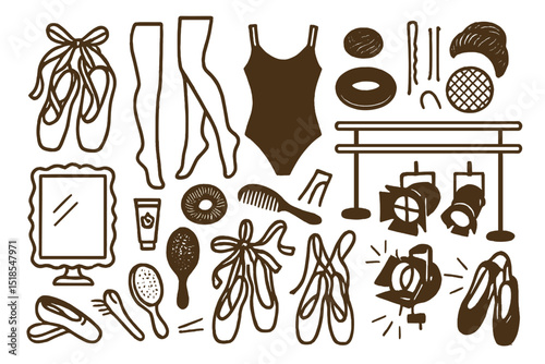 Dance essentials for ballet practice including shoes, leotards, and accessories in a studio setting