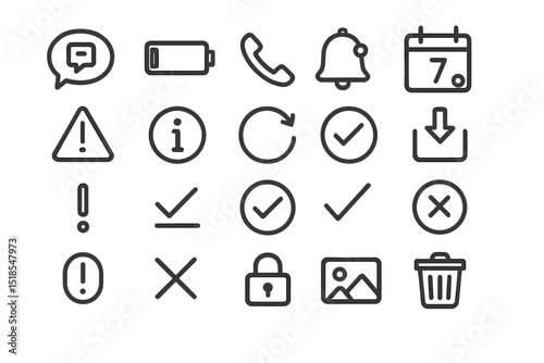 Variety of simple icons representing different communication and notification symbols for digital interfaces