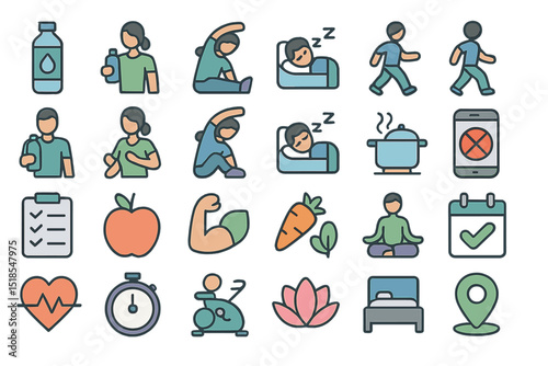 Wellness icons illustrating healthy habits and lifestyle choices for self-care and fitness routines