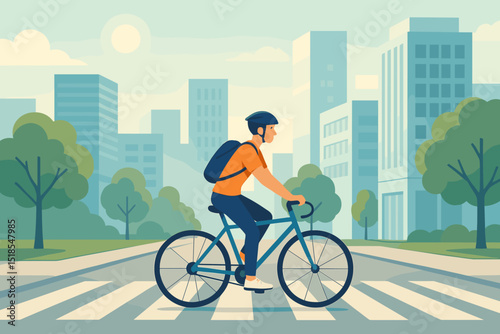Cyclist navigating a city street on a sunny day