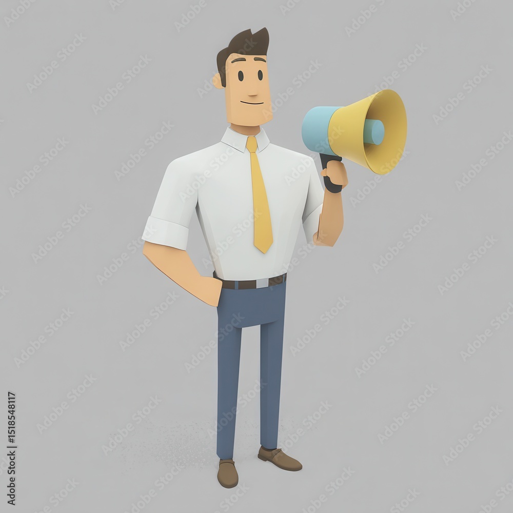 Fototapeta premium 3D Cartoon Businessman Holding Megaphone for Announcement