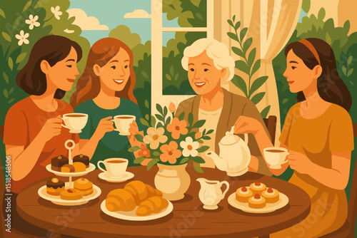 Four women enjoy tea and pastries during a relaxed afternoon gathering in a cozy interior filled with sunlight and flowers