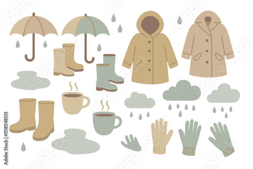 Rainy day essentials include umbrellas, raincoats, boots, and warm drinks ideal for wet weather comfort and style