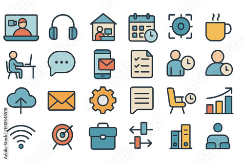 Remote work icons depicting various elements of online collaboration, productivity, and communication in a digital workspace