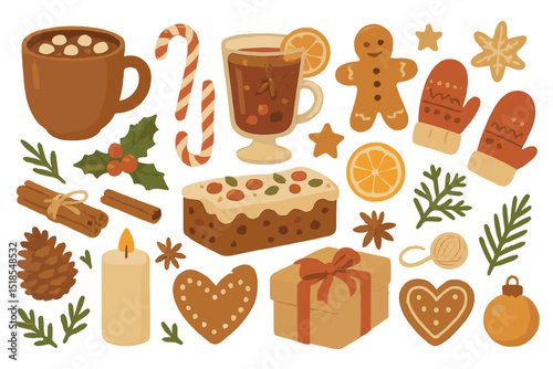 Festive winter holiday decorations with treats, drinks, and cozy elements for cheerful celebrations