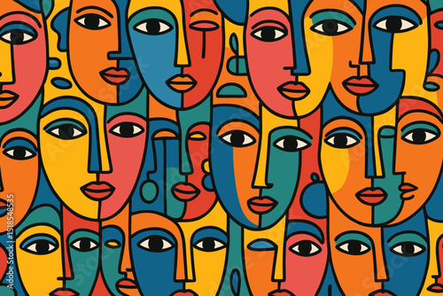 Colorful abstract faces create vibrant patterns in an expressive artwork showcasing diversity and human connection