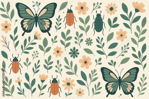Beautiful nature-inspired design featuring colorful butterflies and beetles among floral elements