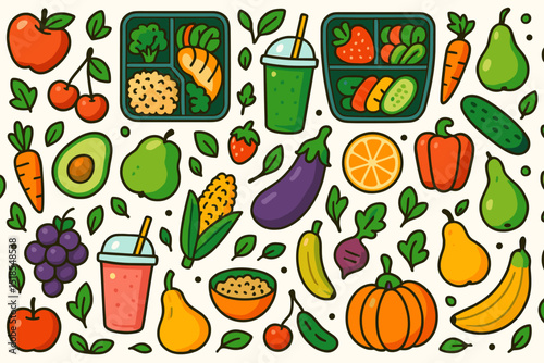 Colorful assortment of fruits and vegetables arranged in a vibrant pattern featuring fresh produce and healthy snacks