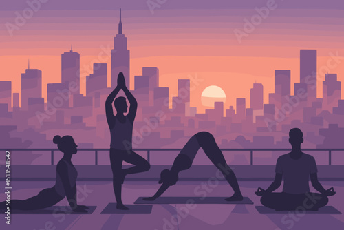 Group doing rooftop yoga at sunset with city skyline in background