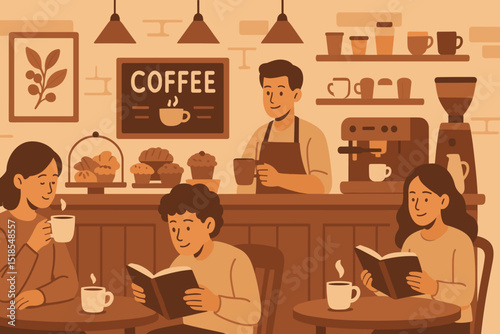 Cozy cafe interior with friends enjoying coffee and reading books during a quiet afternoon