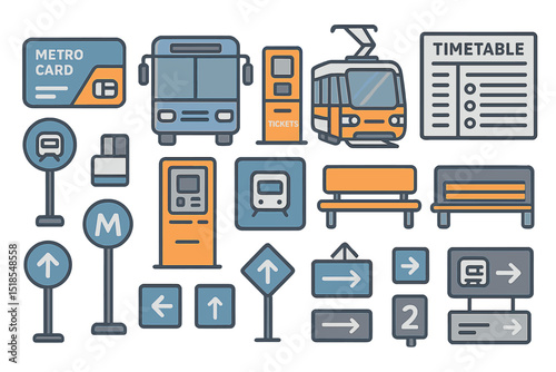 Modern metro and public transit icon set with signage elements
