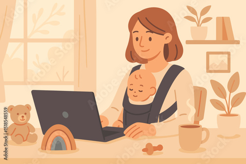 Mother working on laptop while caring for baby in a cozy home office setting during the daytime