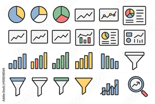 Data visualizations including charts, graphs, and infographics for business analysis in diverse styles and colors