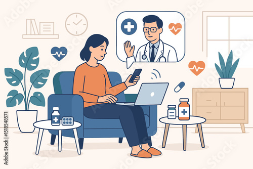 Woman using phone and laptop for telehealth video call with doctor