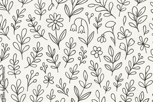 Floral pattern featuring hand-drawn leaves and blossoms in a monochrome design on a light background