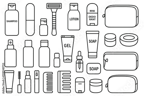 Outlined toiletry and hygiene icons including bottles, soap, and travel bags