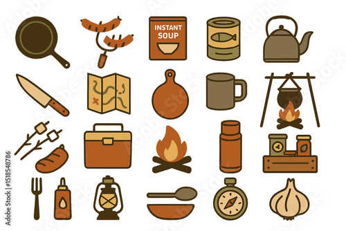 Rustic camping and cooking icon set with food, fire, and gear elements