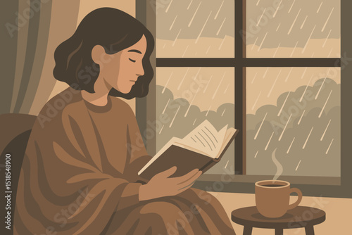 Woman reading a book by window on a rainy day with coffee