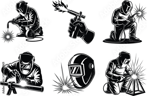 Welder Silhouette Bundle, Welder SVG Vector Art and White Background. Welding illustration.